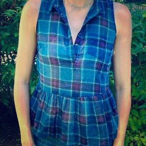 American Eagle Sheer Plaid Peplum Tank Top